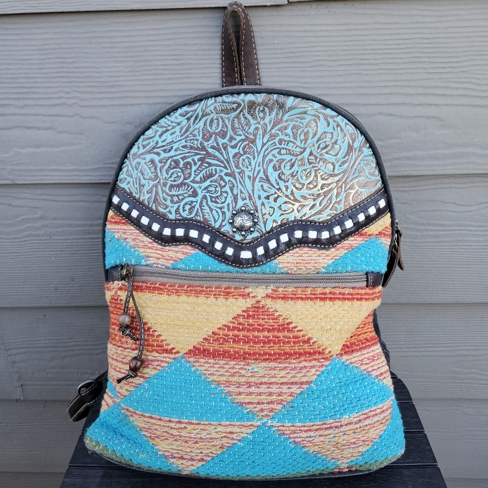 Myra Backpack Cotton & Leather Boho Western Bag Hand Crafted Woven Rustic Purse